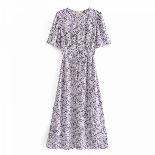 Summer Women Floral Print Puff Sleeve Elegant Midi Dress Female Sashes Clothes Leisure Lady Loose Vestido D7973