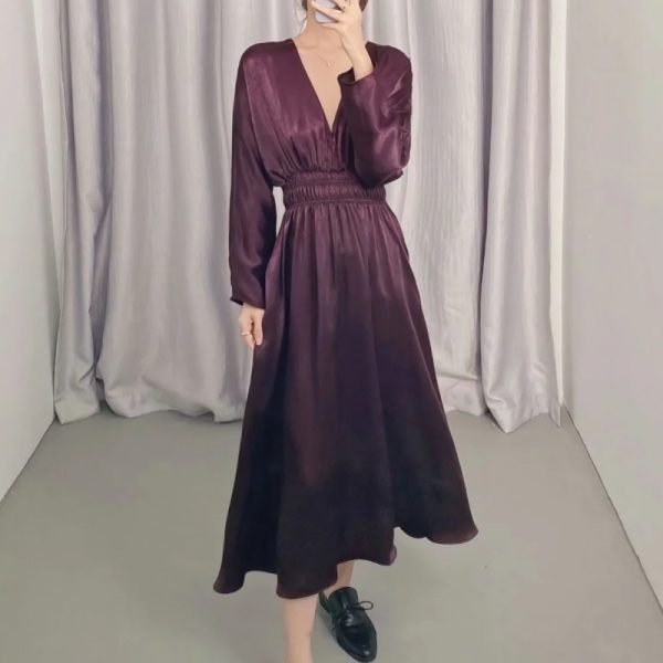 Women V Neck Long Sleeve Satin Midi Dress Female Elastic Waist Clothes Casual Lady Loose Vestido D6713