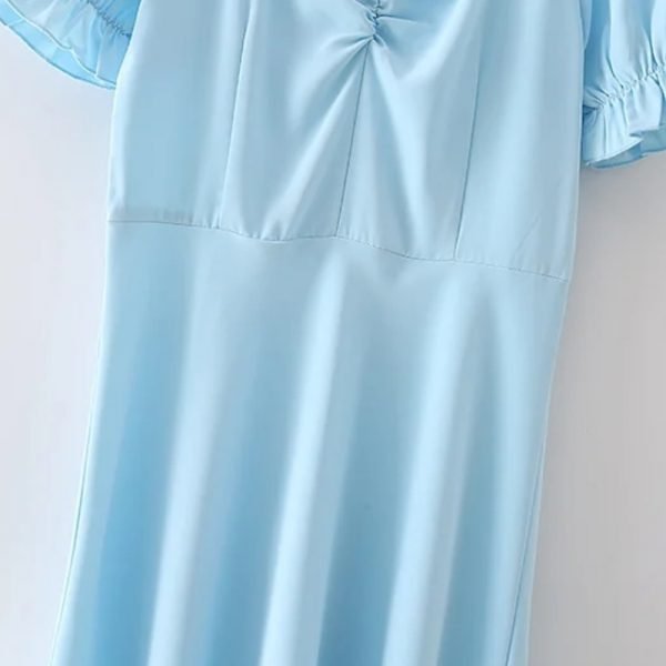 Summer Women Square Collar Pleating Blue A Line Dress Female Puff Sleeve Clothes Leisure Lady Loose Vestido D7929