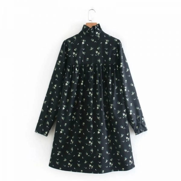 Women Flower Printing Stand Collar Single Breasted Loose Straight Dress Female Long Sleeve Clothes Fashion Vestido D6887