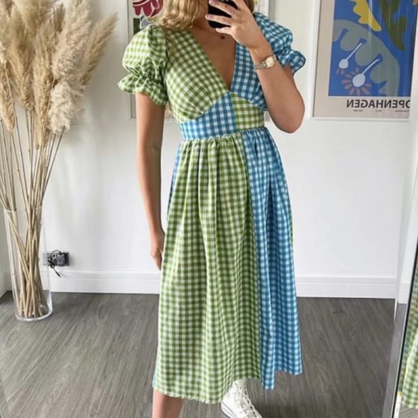 Hot Sale Women Contrast Color Splicing Plaid Midi Dress Female Puff Sleeve Clothes Casual Lady Loose Vestido D8122