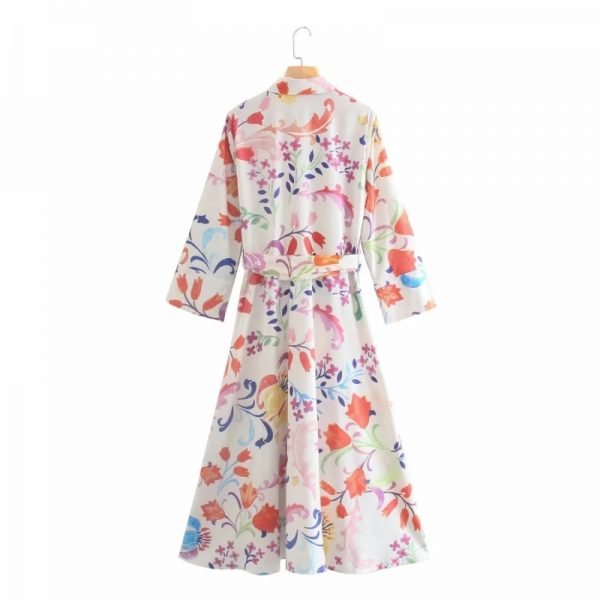 Summer Women Floral Printing Sashes Midi Shirt Dress Female Nine Quarter Sleeve Clothes Casual Lady Loose Vestido D7856