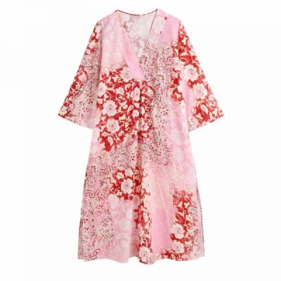 Hot Sale Women Floral Patchwork Print Side Slit Midi Dress Female Three Quarter Sleeve Clothes Casual Lady Loose Vestido D8207