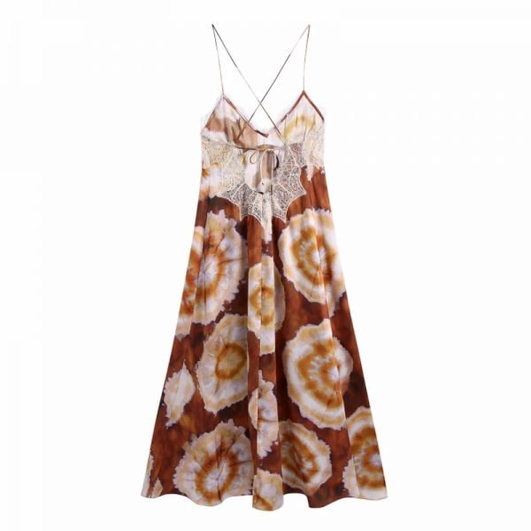 Summer Women Tie Dye Printing Lace Decoration Suspender Midi Dress Female Clothes Leisure Lady Loose Vestido D8020