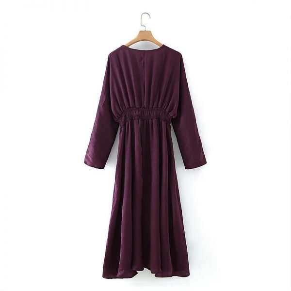 Women V Neck Long Sleeve Satin Midi Dress Female Elastic Waist Clothes Casual Lady Loose Vestido D6713