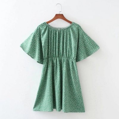 Summer Women Floral Print Green Mini Dress Female Slash Neck Flare Sleeve Clothes Casual Lady Loose Vestido D7750