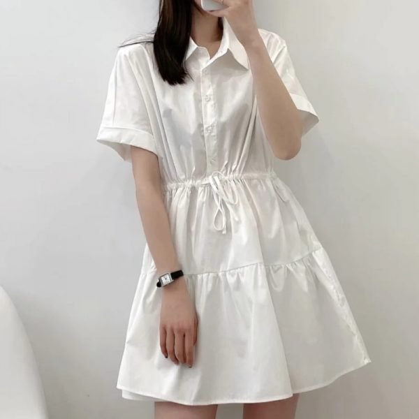 Summer Women Raglan Sleeve Waist Drawstring Mini Dress Female Turndown Collar Clothes Casual Lady Loose Vestido D7530