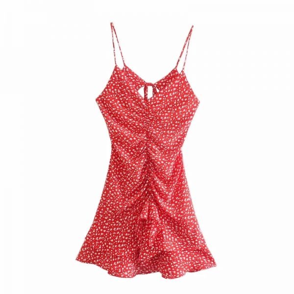 Summer Women Flower Printing Red Suspender Mini Dress Female Cascading Ruffle Hem Clothes Casual Lady Loose Vestido D7632