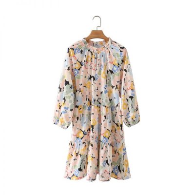 Hot Sale Women Digital Printing Tiered Ruffle Mini Dress Female Raglan Sleeve Clothes Leisure Lady Loose Vestido D8087