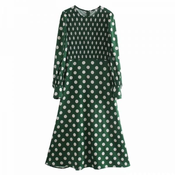 Women Dot Printing O Neck Elastic Midi A-Line Dress Casual Female Lantern Sleeve Clothes Lady Loose Vestido D6855