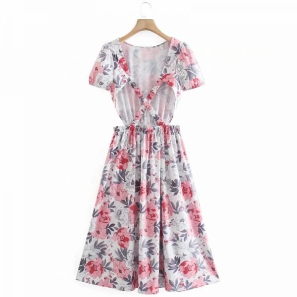 Summer Women Flower Printing Sexy Backless Midi Dress Female Short Sleeve Clothes Leisure Lady Loose Vestido D7901